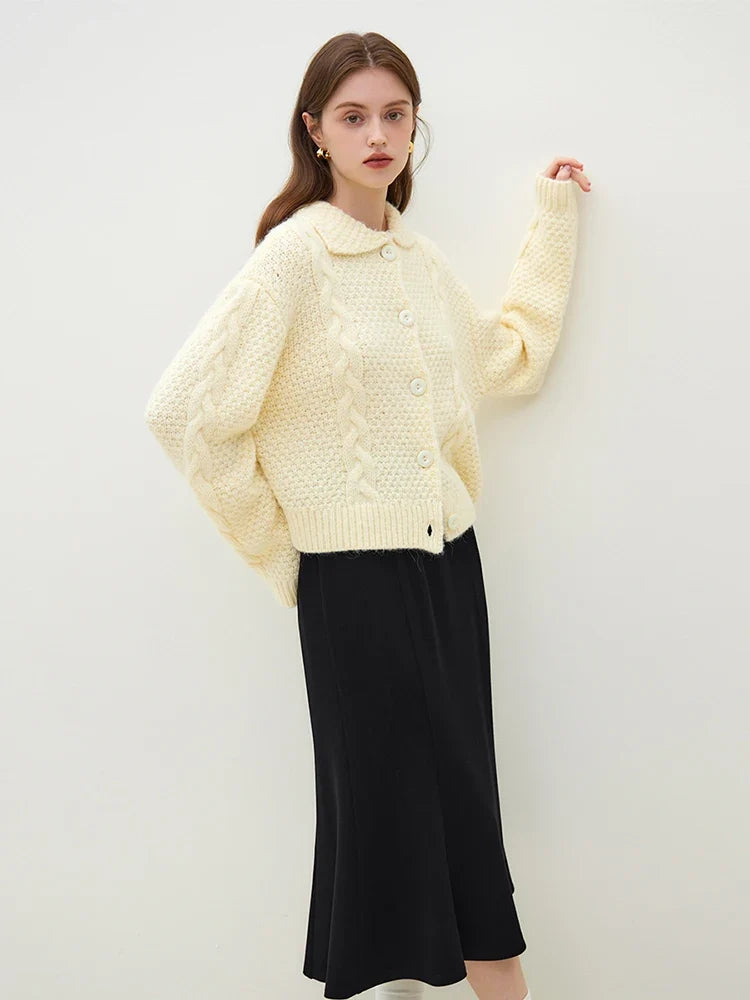 Polo Collar Twisted Flower Wool Knitted Casual Loose Cardigan 4