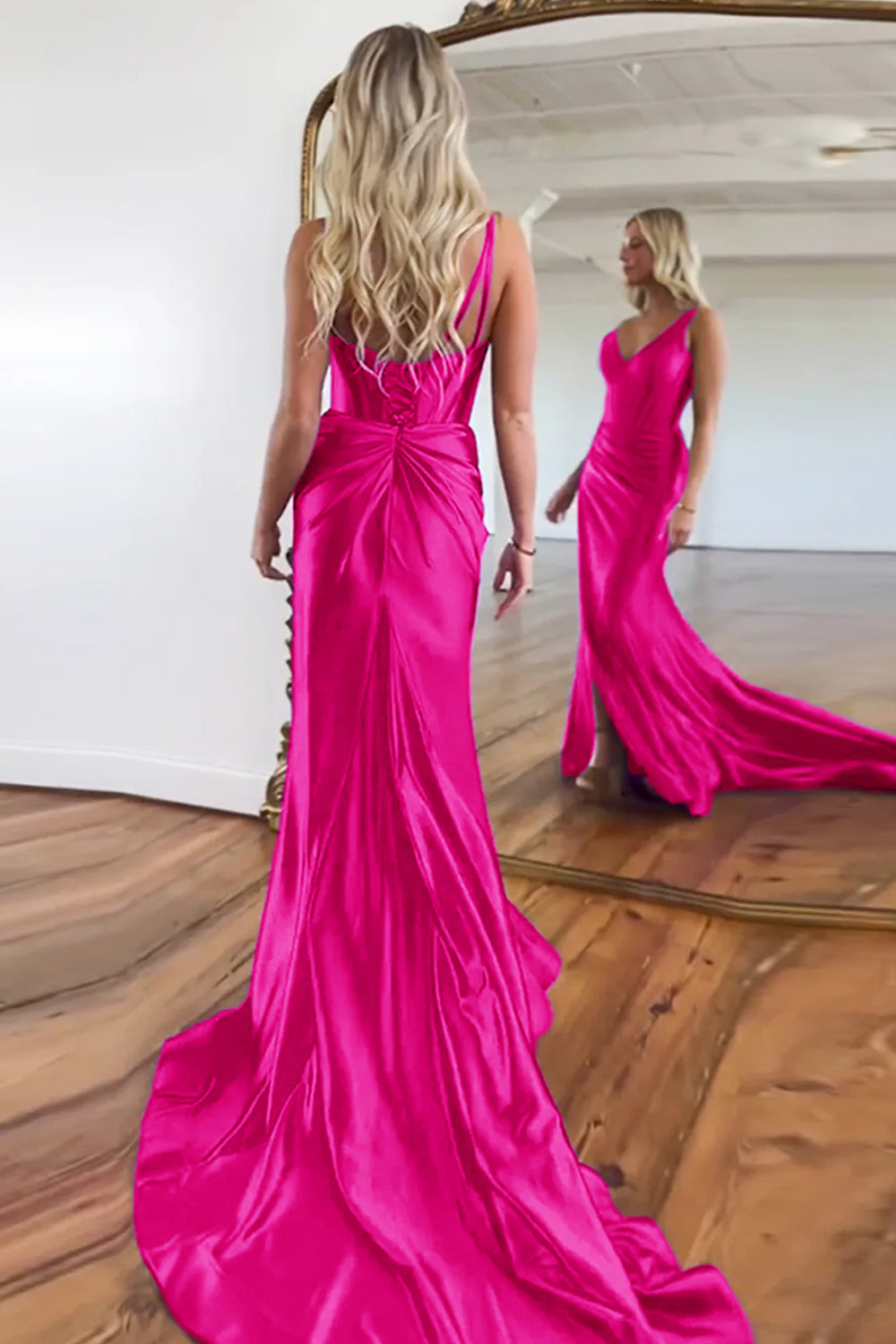 Purple Mermaid V-Neck Zipper Back Satin Long Prom Dress With Split