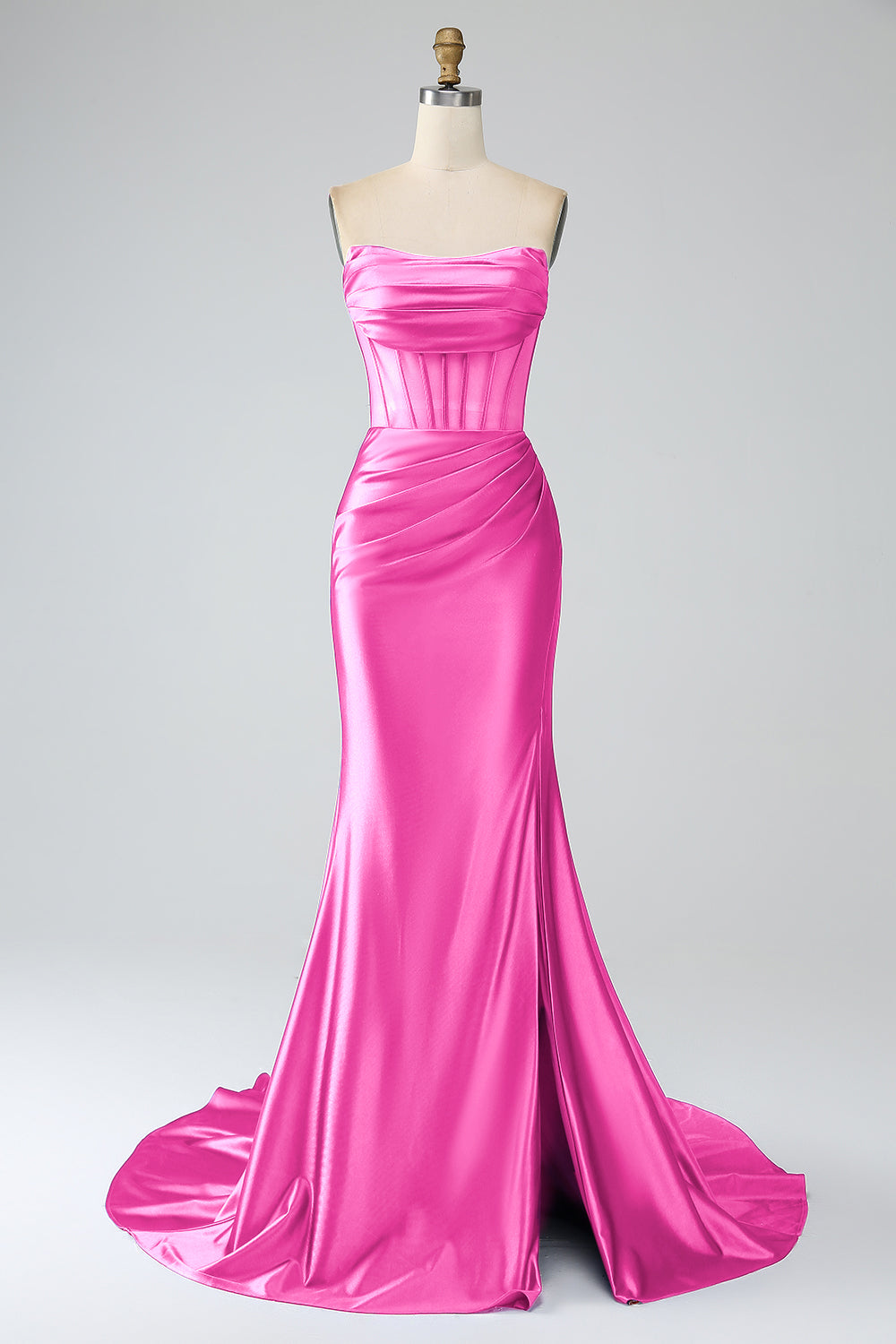 Royal Blue Mermaid Strapless Pleated Corset Long Prom Dress with Slit
