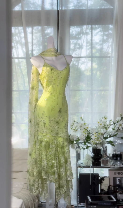 Classy Spaghetti Straps Light Green Chiffon Beaded Mermaid Evening Dress Long Party Dress D1377