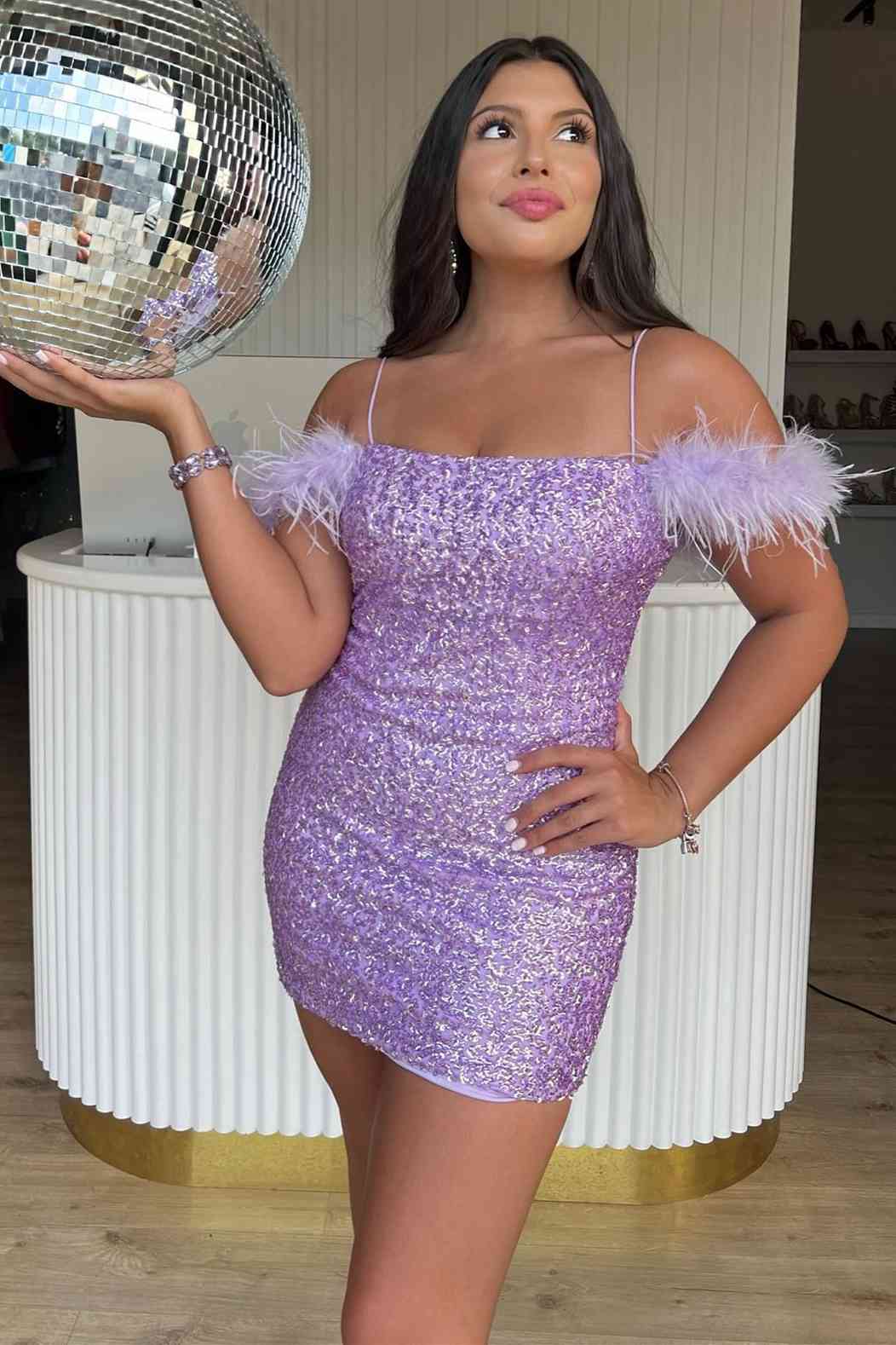 Georgiana Bodycon Sequined Homecoming Dress with Feathers - Fashionpara