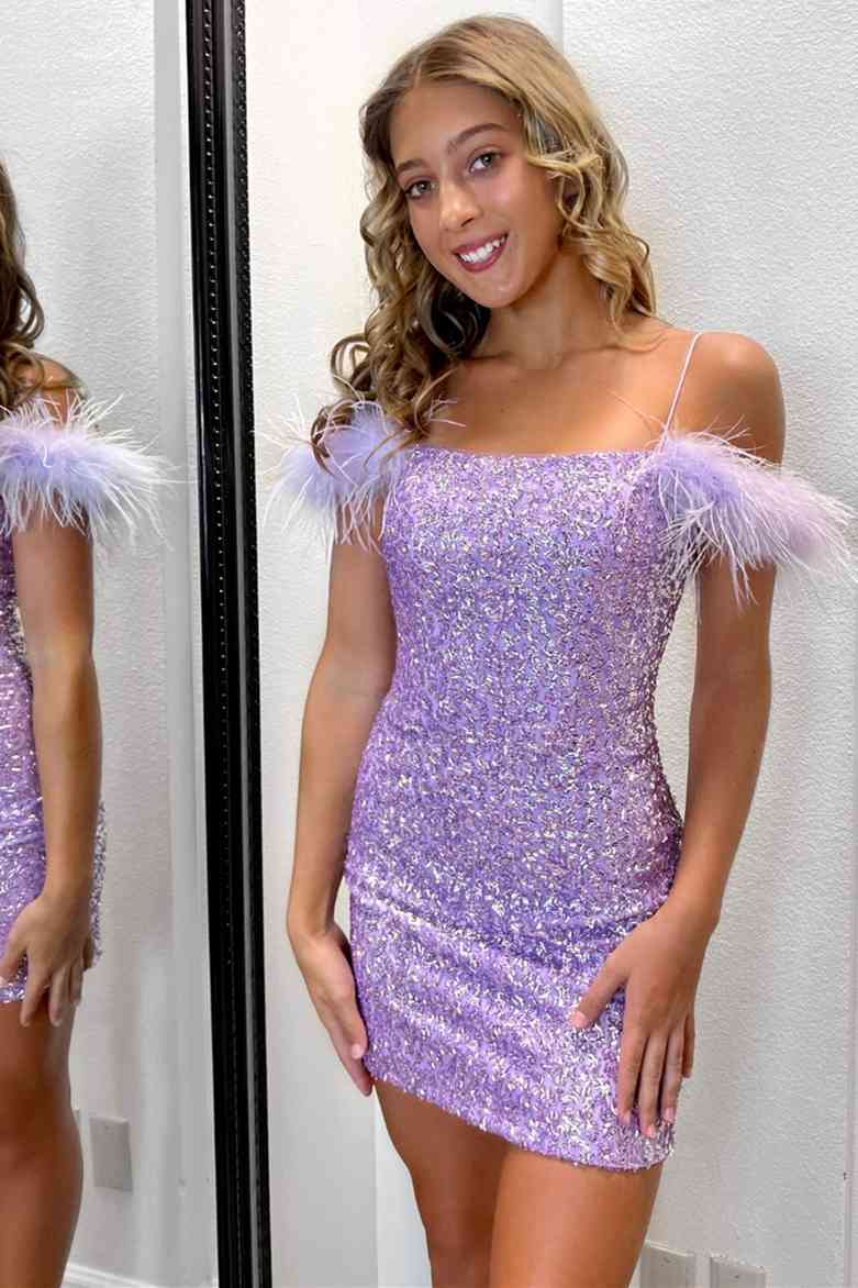 Georgiana Bodycon Sequined Homecoming Dress with Feathers - Fashionpara