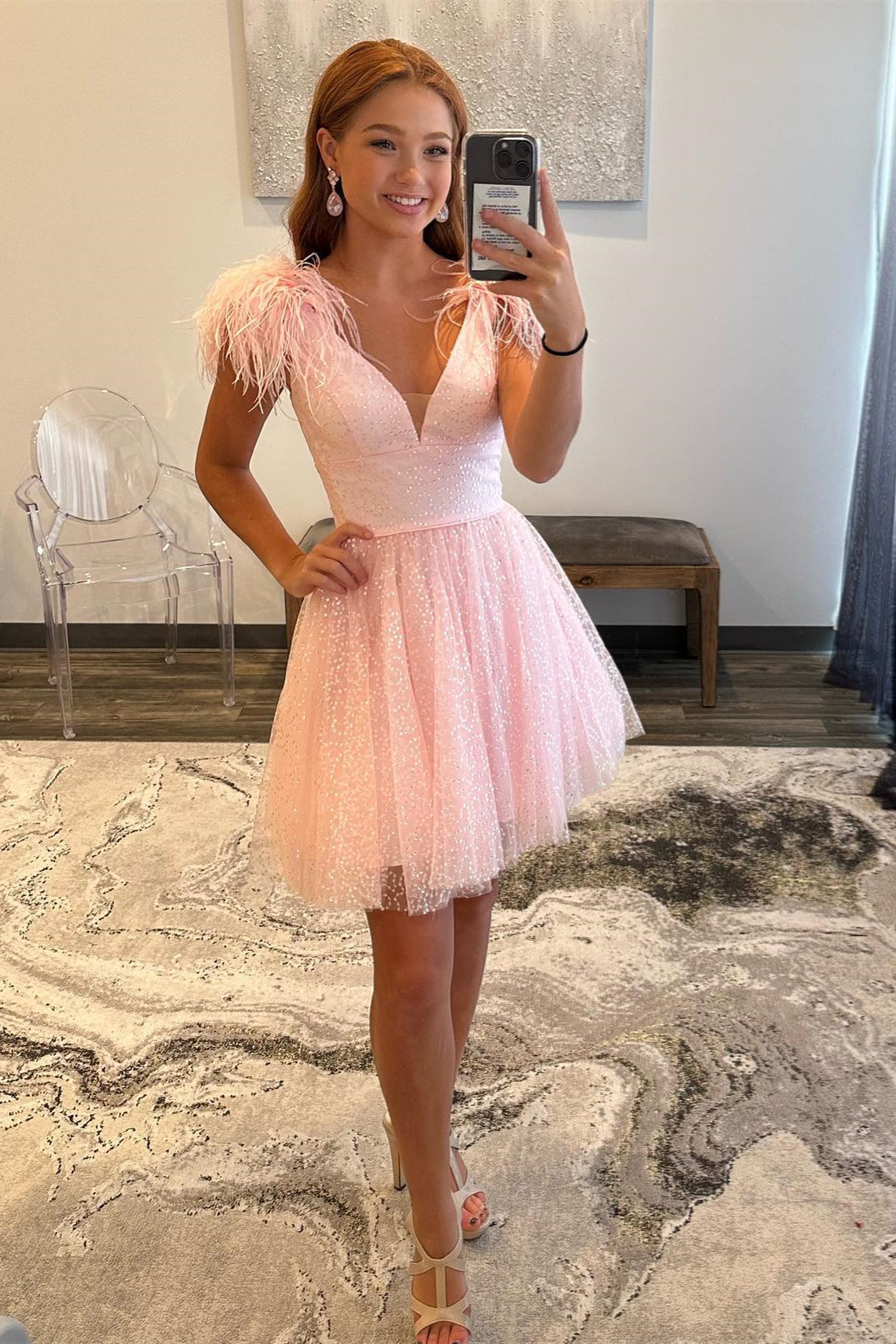 Catherine A-Line Deep V-Neck Tulle Homecoming Dress with Feathers - Fashionpara