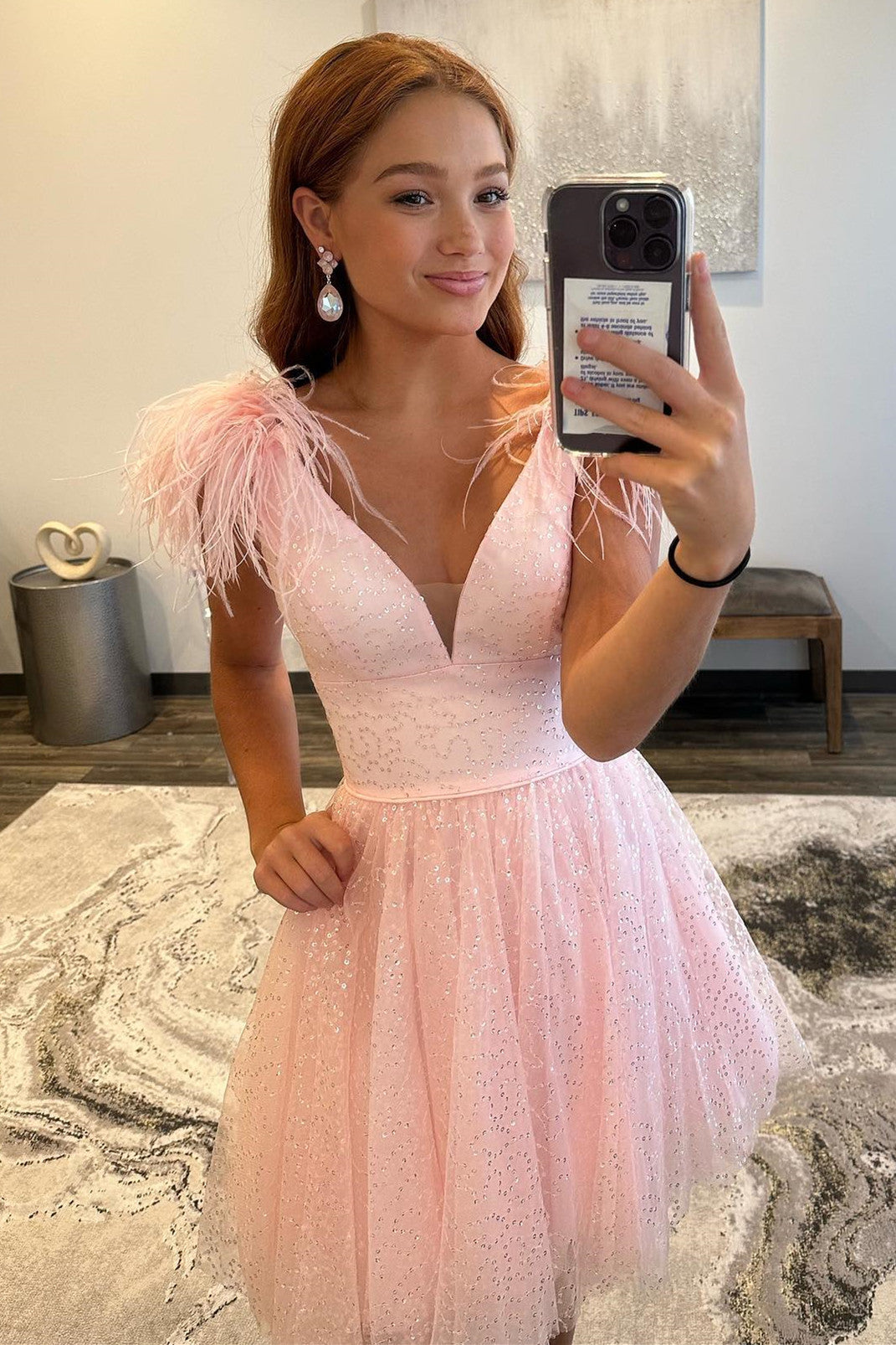 Catherine A-Line Deep V-Neck Tulle Homecoming Dress with Feathers - Fashionpara