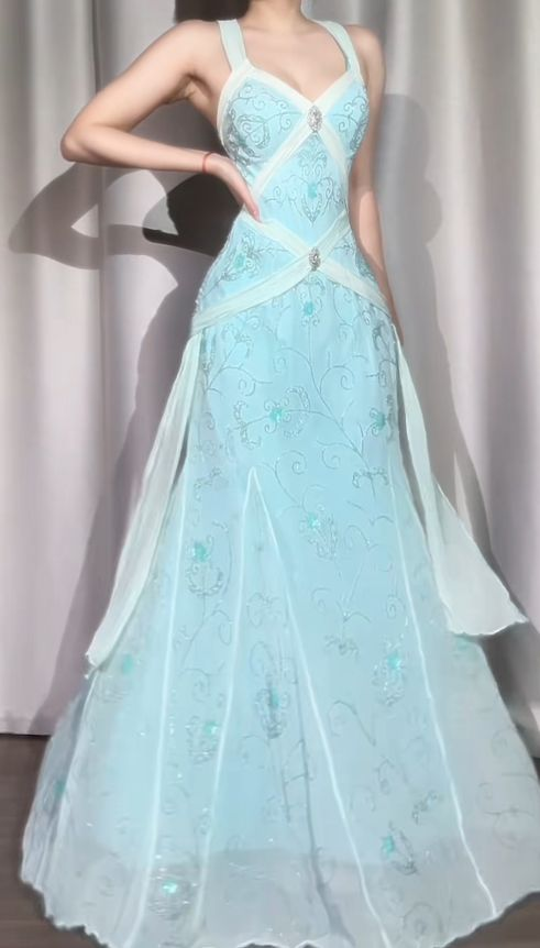 Elegant V Neck Blue Chiffon Beaded Mermaid Long Party Dress Prom Gowns D948