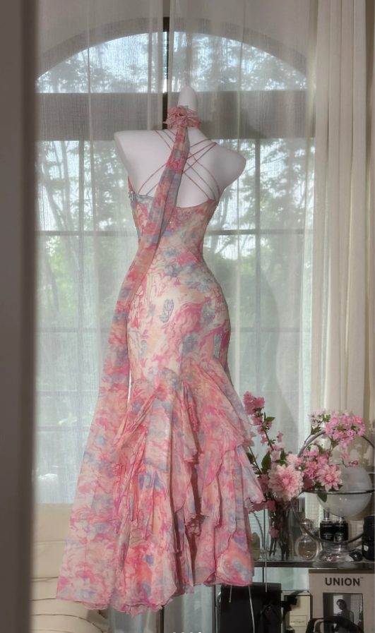 Elegant Spaghetti Straps Pink Chiffon Print Floral Beaded Mermaid Party Dress Prom Gown With Ribbon D1556