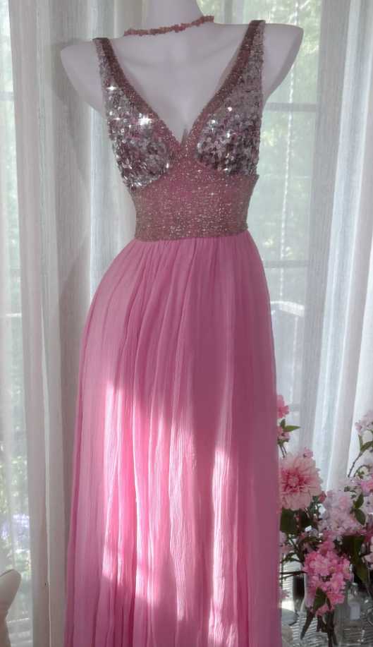 Classy Pink V Neck Chiffon Sequin A Line Long Party Dress Backless Birthday Prom Gown D1554