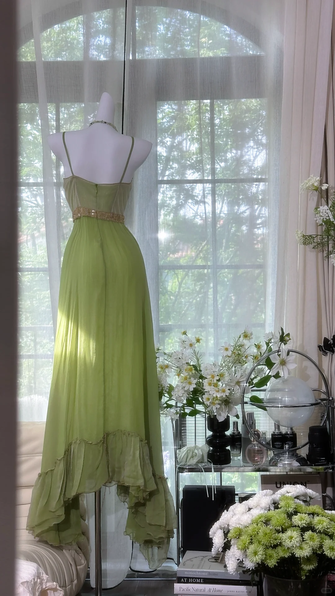 Elegant Spaghetti Straps Green Chiffon Sequin Mermaid Prom Dress Long Birthday Party Dress D1248