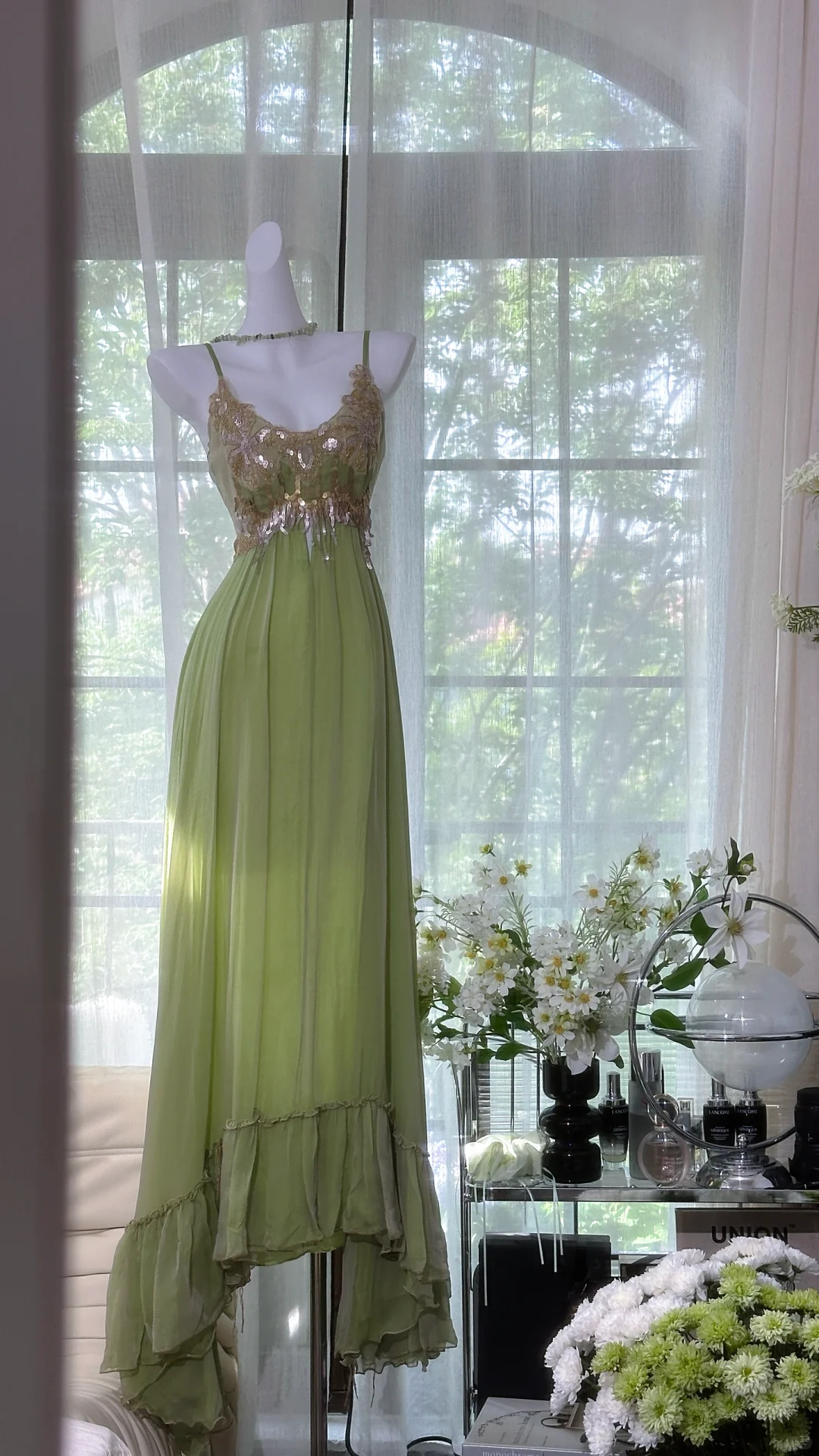 Elegant Spaghetti Straps Green Chiffon Sequin Mermaid Prom Dress Long Birthday Party Dress D1248