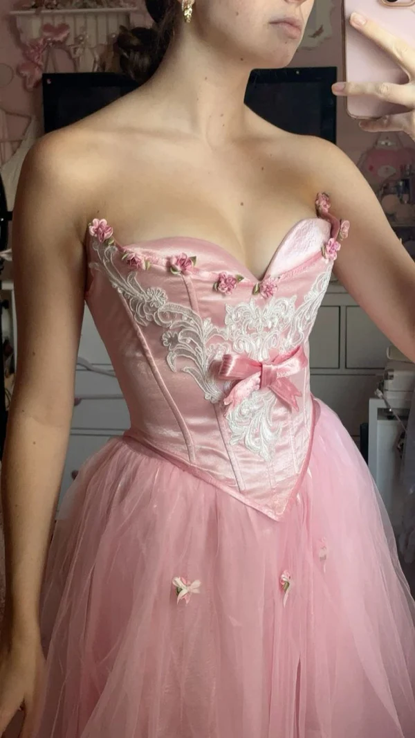 Cute Pink Strapless Satin Tulle Appliques A Line Long Birthday Prom Dresses Formal Wedding Guest Dress Party Gown D1549