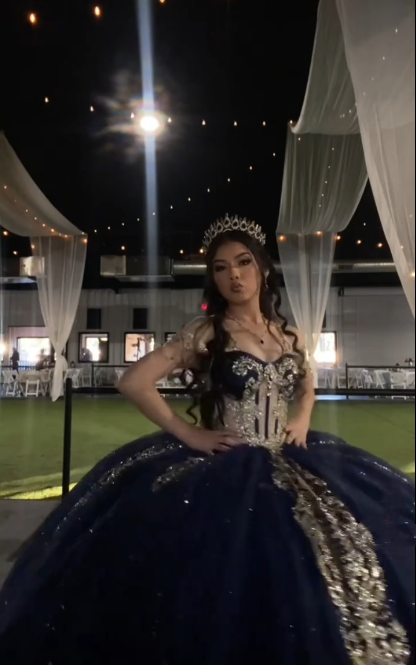 Gorgeous Navy Blue Off The Shoulder Tulle Sequin Sweet 16 Dress Formal Quinceanera Dress D1049