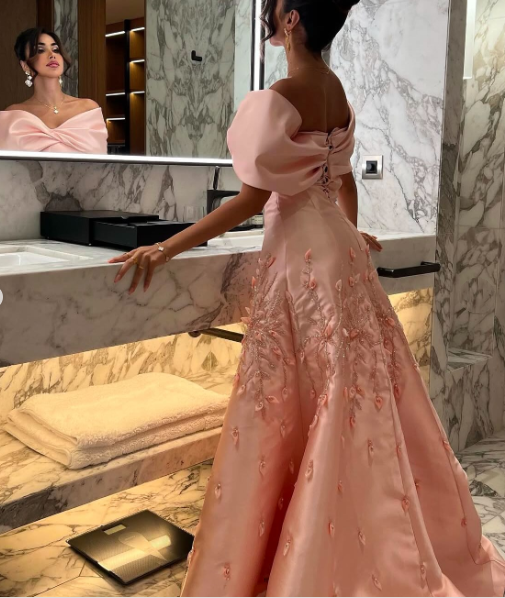 Chic Off The Shoulder Satin Beaded Appliques Pink Long Party Dress Evening Gown D1208