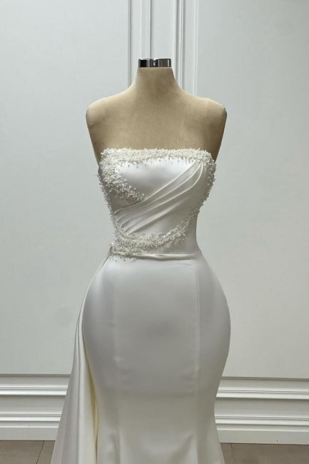 Fabulous Long White Mermaid Sleeveless Strapless Wedding Dress with Pearls - Fashionpara