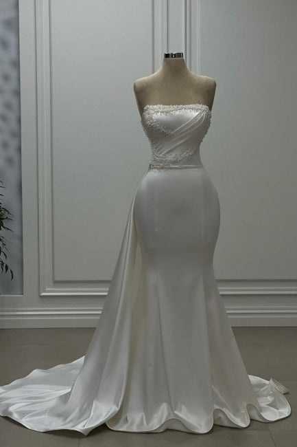 Fabulous Long White Mermaid Sleeveless Strapless Wedding Dress with Pearls - Fashionpara