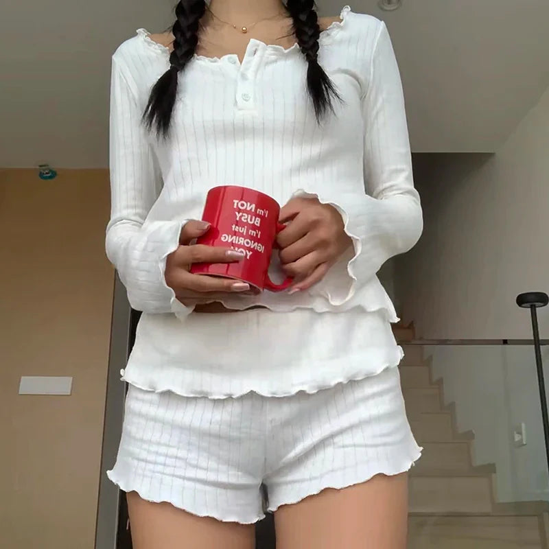 Sweet Girl Long Sleeve Crop Top Shorts Two Pieces Set