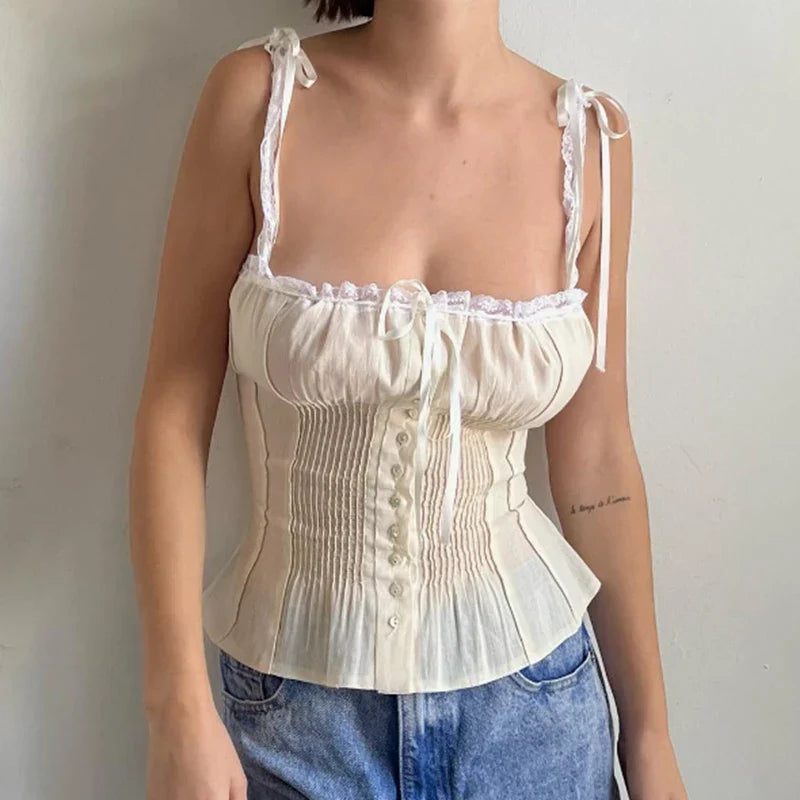 Lace Ribbon Bowknot Button-Up Slim Crop Top