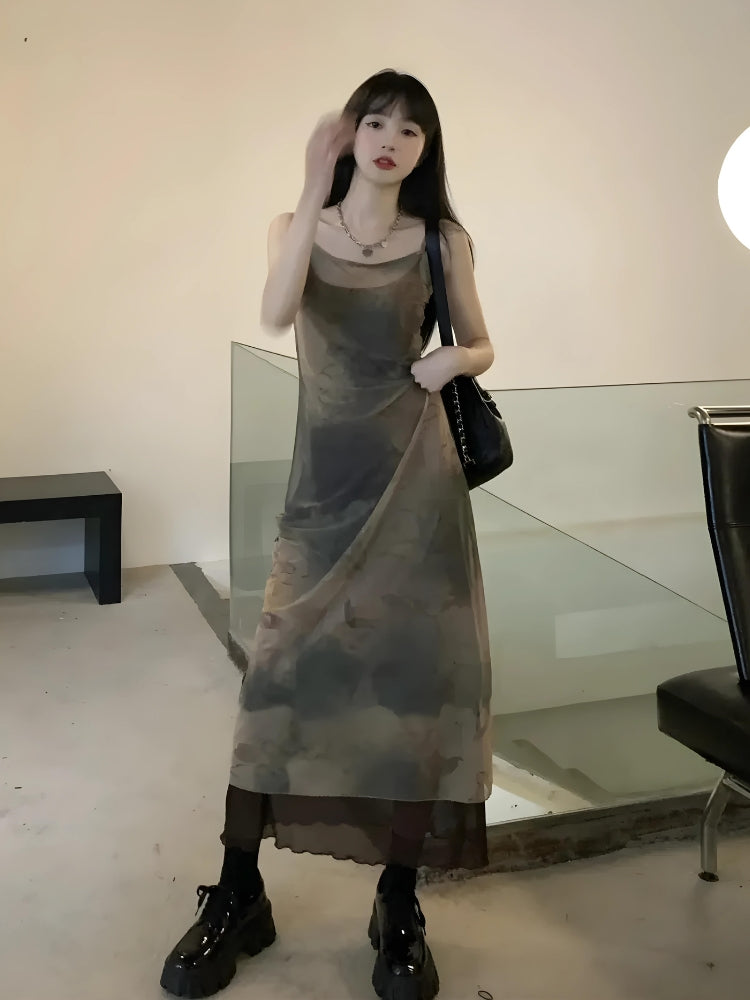 Tie-Dye Square-Neck Strappy Mesh Slip Midi Dress 4