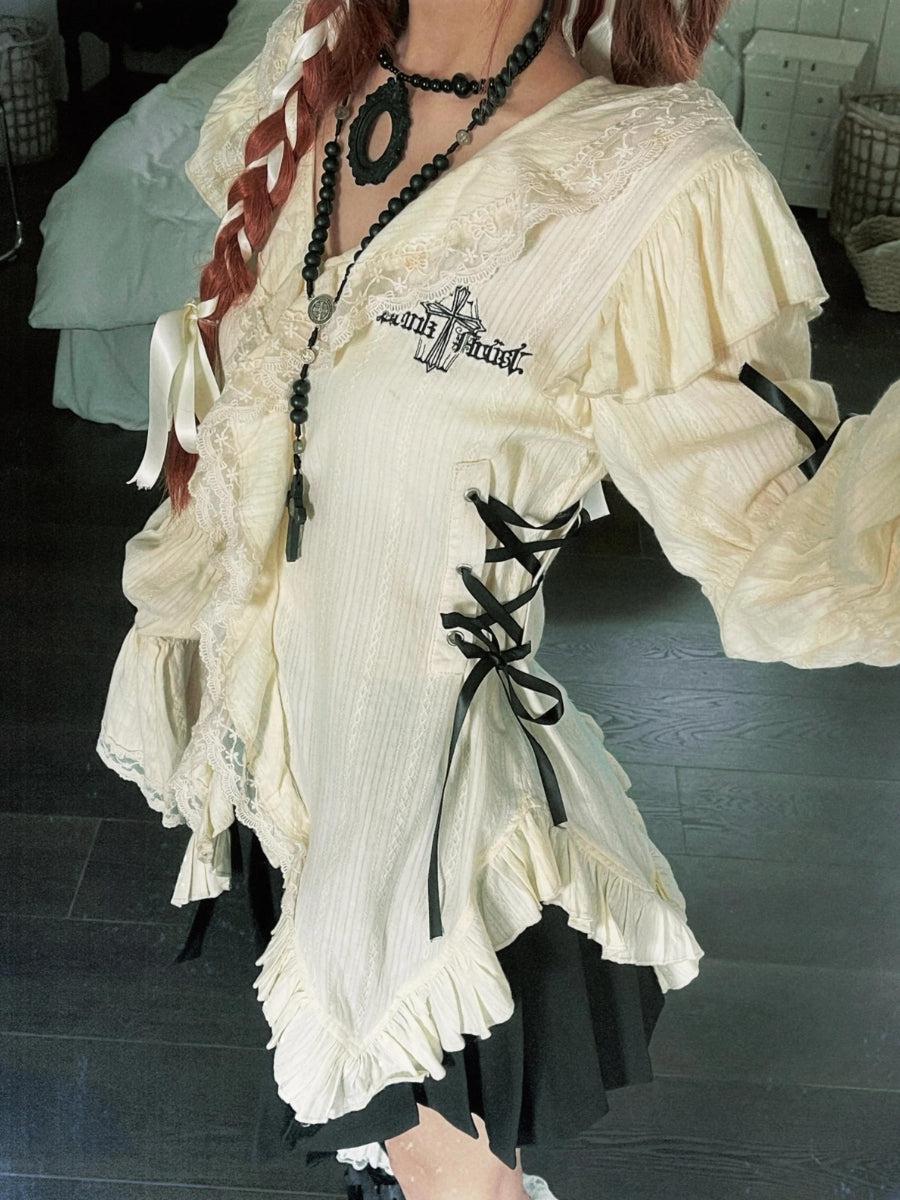 Fairy Grunge Ruffled Lace Up Blouse - Fashionpara