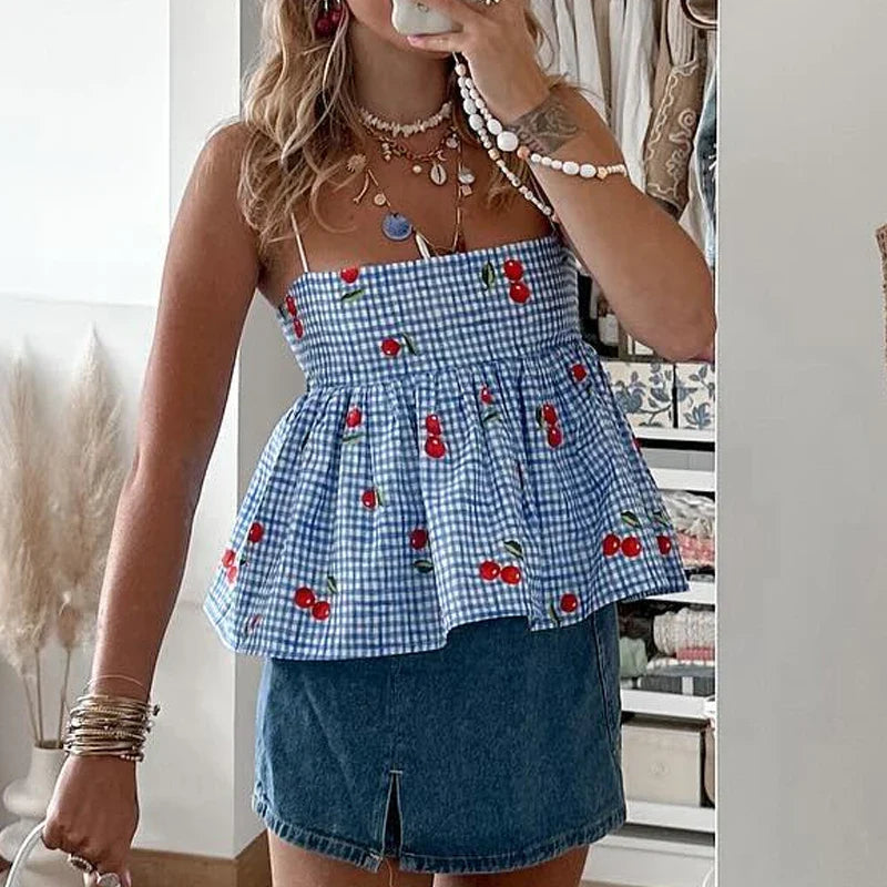 Cherry Plaid Peplum Crop Top