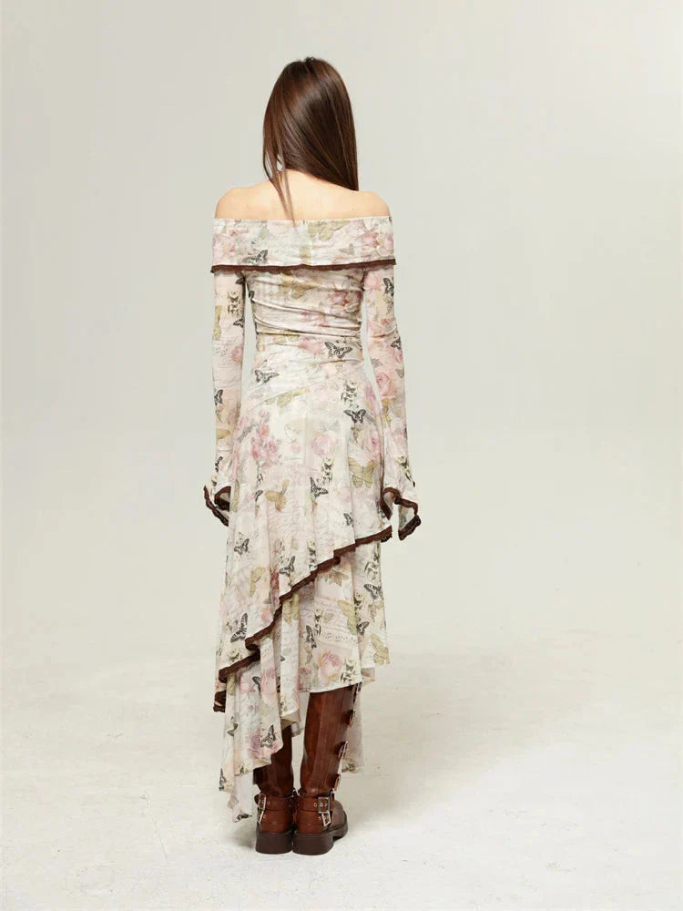Floral Butterfly Print Off-Shoulder Asymmetric Maxi Dress 2
