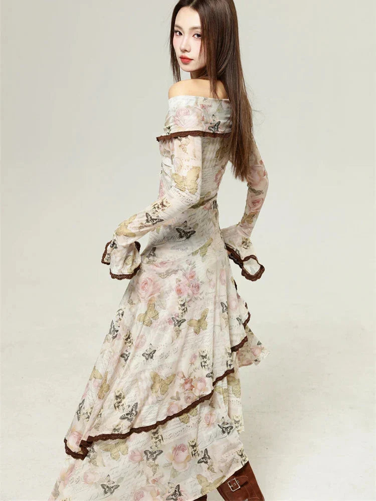 Floral Butterfly Print Off-Shoulder Asymmetric Maxi Dress 4