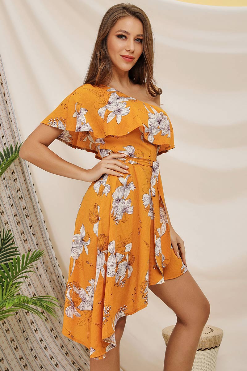 Falbala One-shoulder Asymmetrical Hem Belted Printed Dress