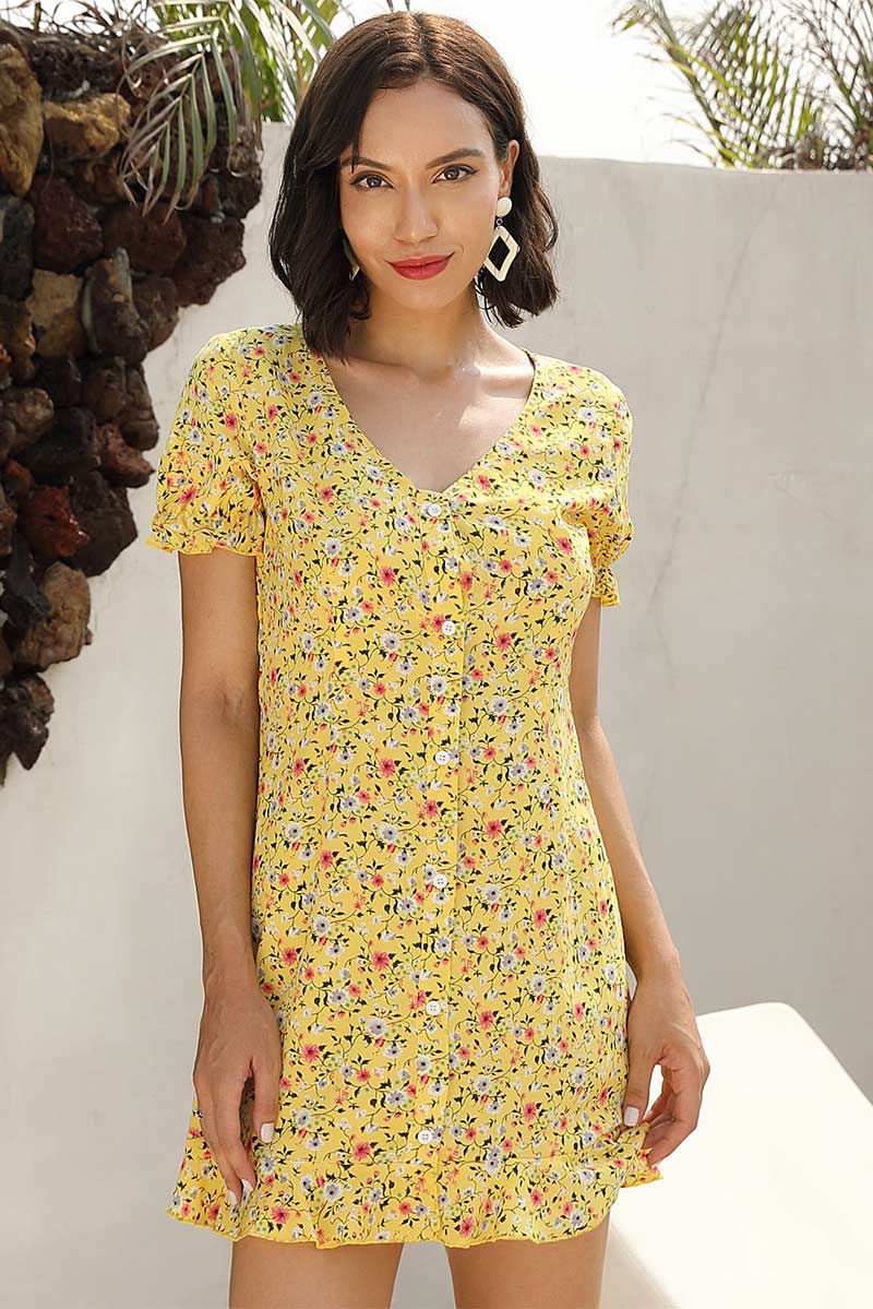 Falbala V Neck Single Breasted Floral Dress - Mislish