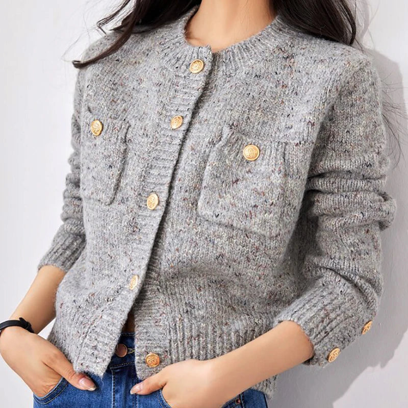 Gray Elegant O-neck Button Cardigan
