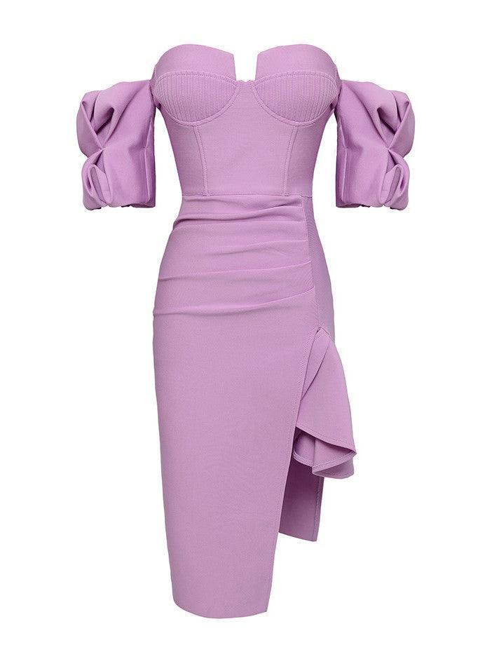 Off Shoulder Puff Sleeve Corset Ruffle High Split Bandage Midi Dress - View 6