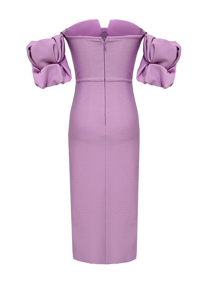 Off Shoulder Puff Sleeve Corset Ruffle High Split Bandage Midi Dress - View 7