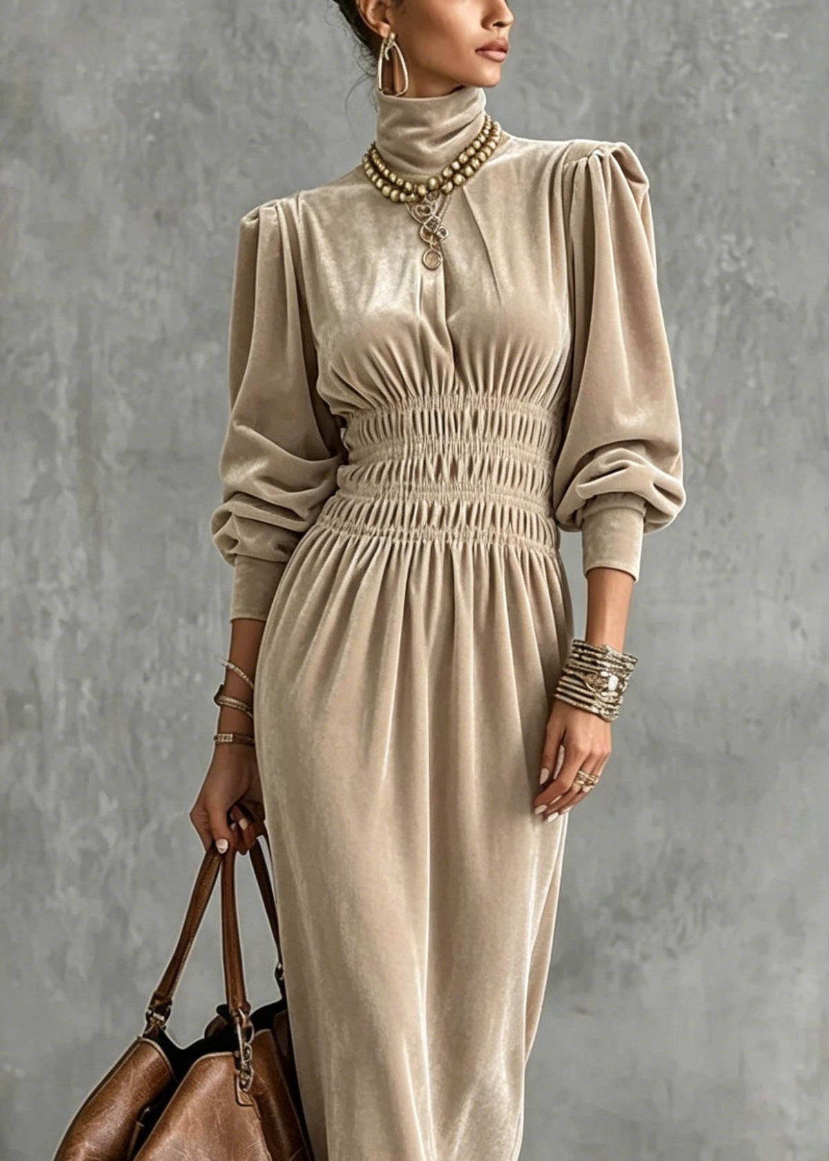Velvet Mock Neck Lantern Sleeve Smocked Waist Midi Dress - View 2