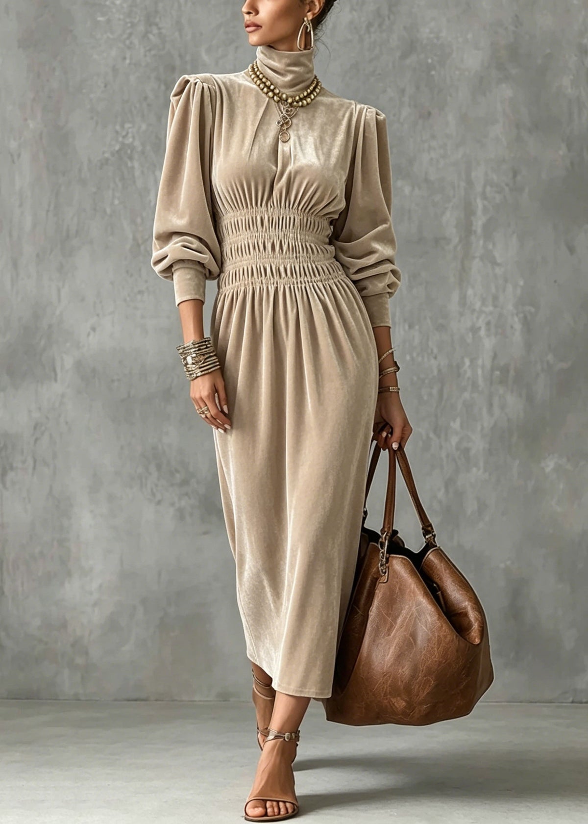 Velvet Mock Neck Lantern Sleeve Smocked Waist Midi Dress - View 3