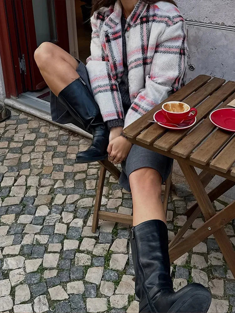 Big Plaid Print Woolen Bomber Coat