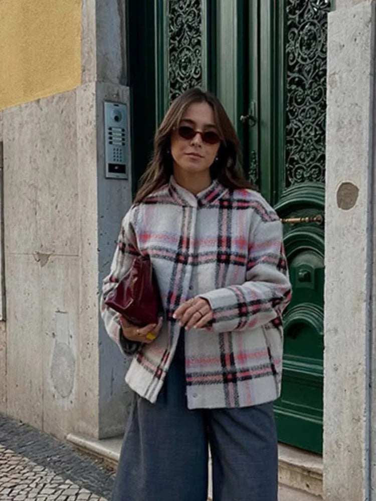 Big Plaid Print Woolen Bomber Coat