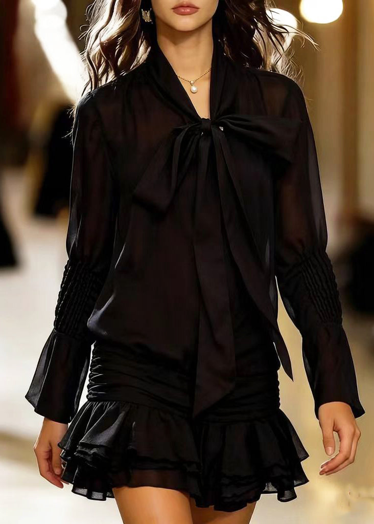 Chiffon Bow Neck Sheer Long Sleeve Ruched Tiered Ruffle Mini Dress