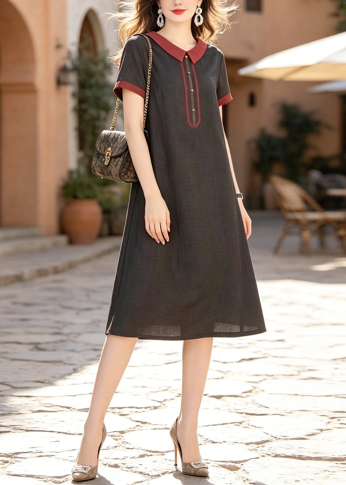 Woven Peter Pan Collar Contrast Trim A-Line Midi Dress