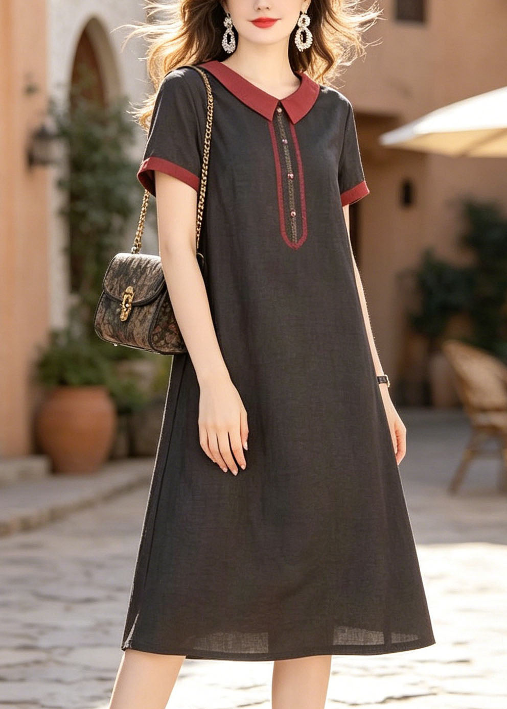 Woven Peter Pan Collar Contrast Trim A-Line Midi Dress - View 2