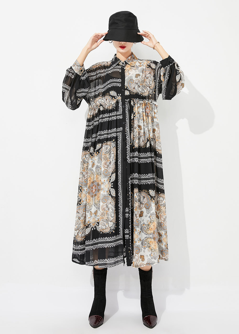 Chiffon Paisley Print Collar Button Front Maxi Shirt Dress - View 2