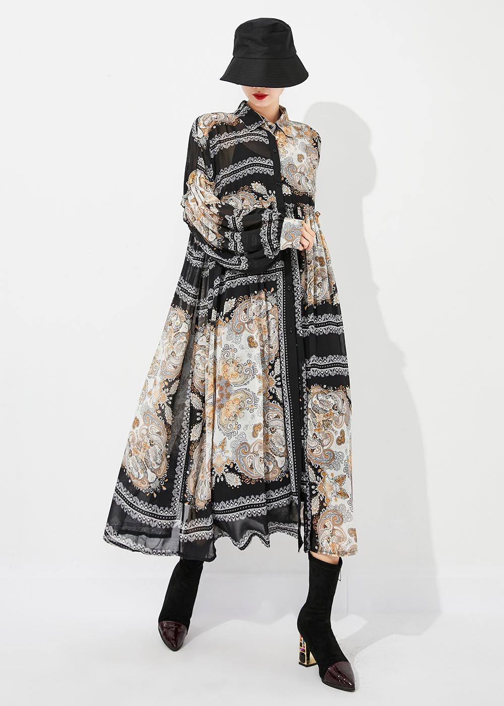 Chiffon Paisley Print Collar Button Front Maxi Shirt Dress - View 3