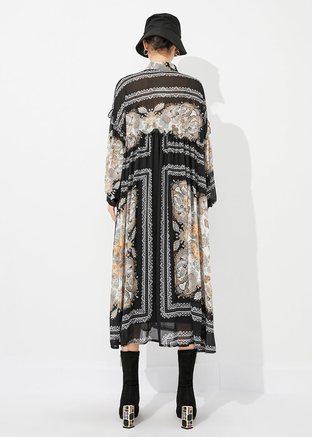 Chiffon Paisley Print Collar Button Front Maxi Shirt Dress - View 4