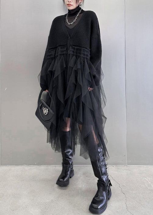 Knit Button Front Deep V-Neck Long Sleeve Tiered Tulle Midi Dress