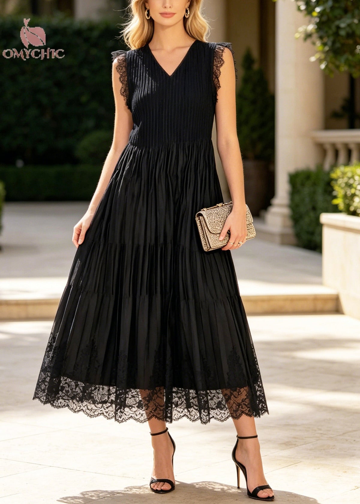 V-Neck Sleeveless Lace Trim Pleated Tiered Chiffon Midi Dress - View 3