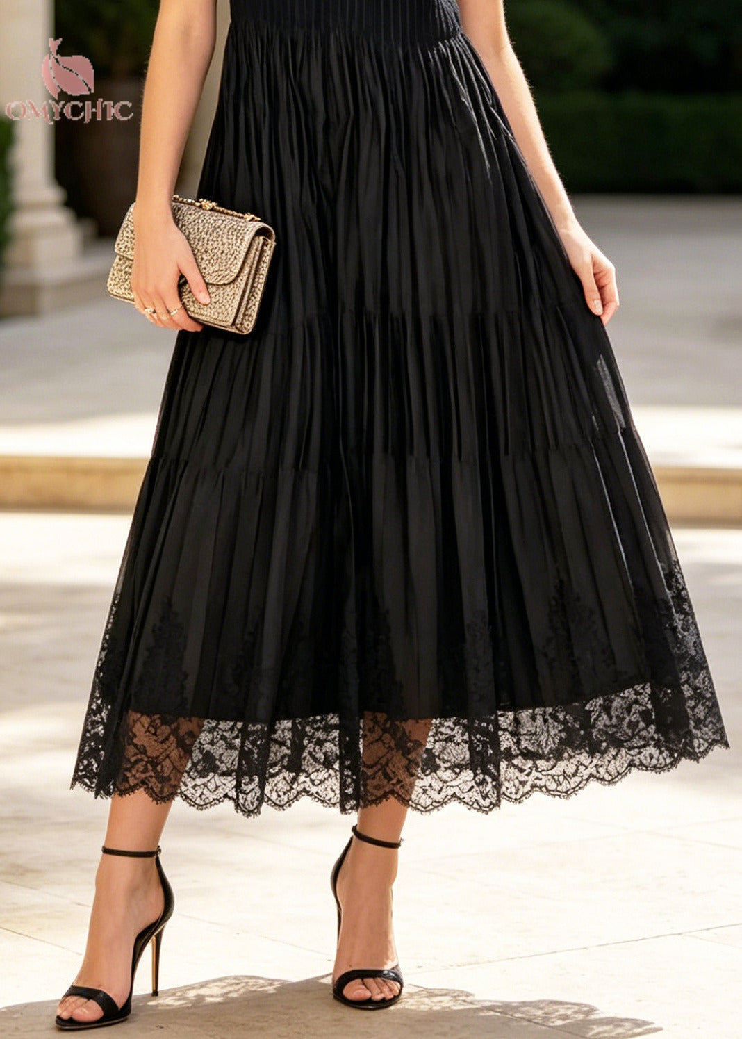V-Neck Sleeveless Lace Trim Pleated Tiered Chiffon Midi Dress - View 4