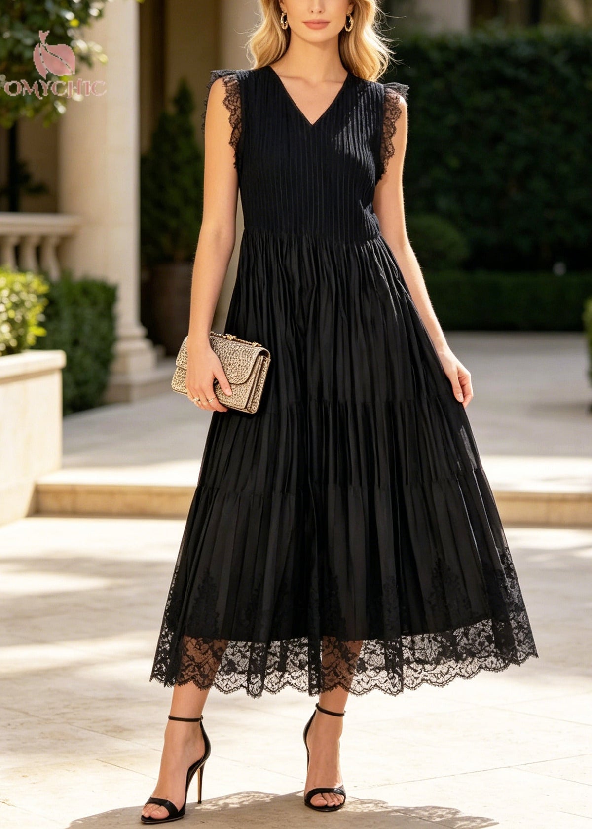 V-Neck Sleeveless Lace Trim Pleated Tiered Chiffon Midi Dress - View 5
