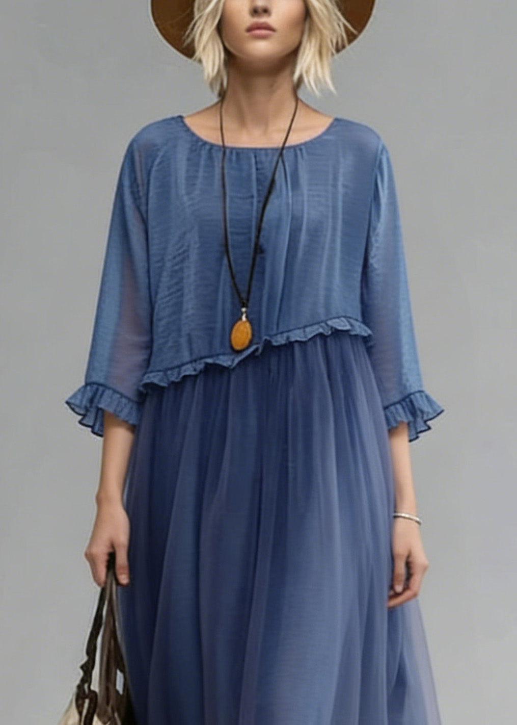 Fashion Blue O-Neck Ruffled Tulle Patchwork Chiffon Dress Summer - View 2