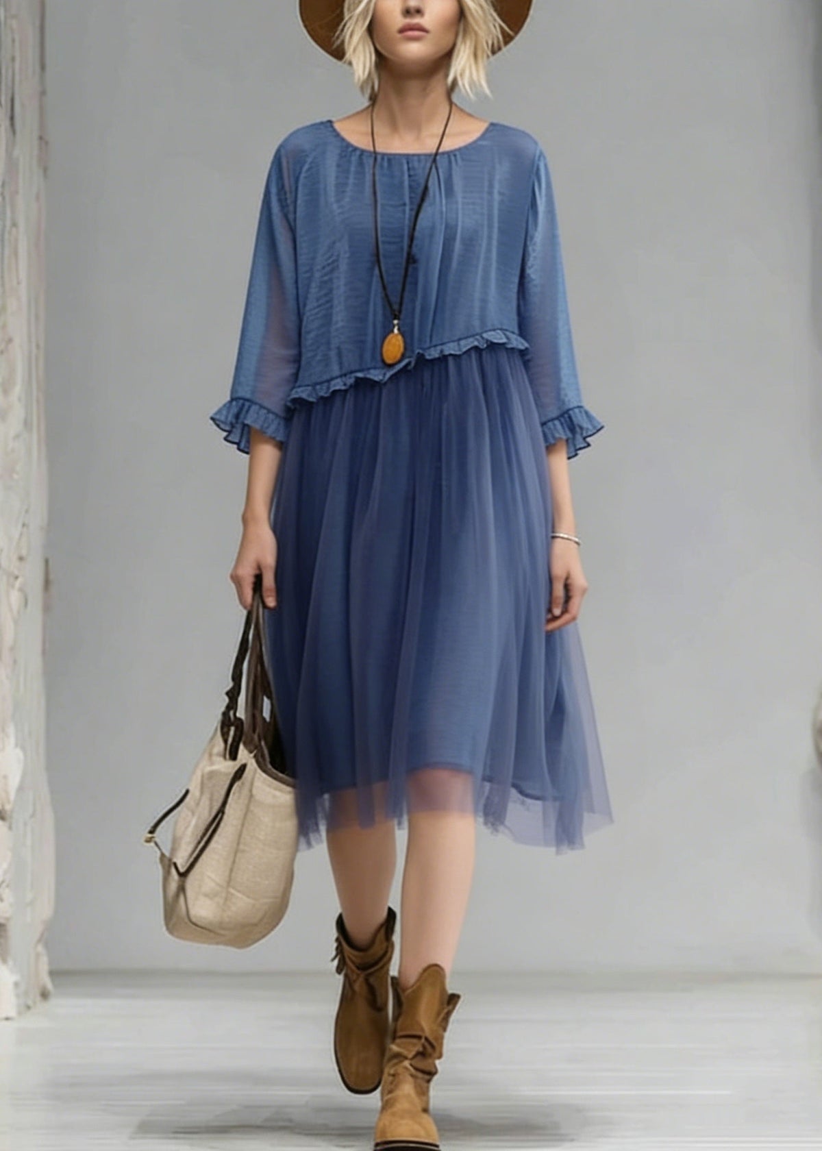 Fashion Blue O-Neck Ruffled Tulle Patchwork Chiffon Dress Summer - View 5