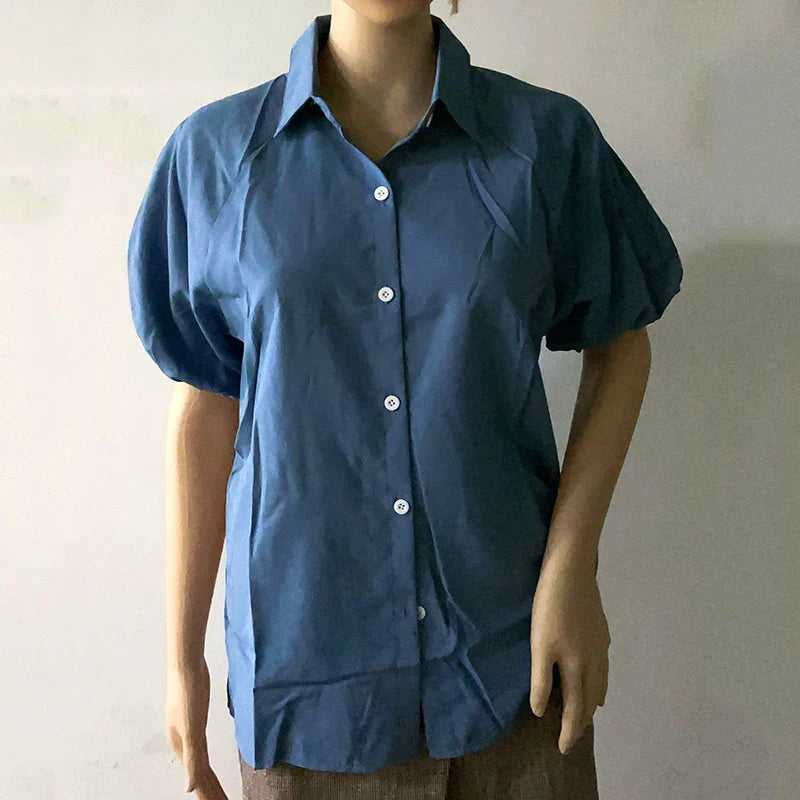 Blue Puff Sleeve Casual Loose Summer Shirt