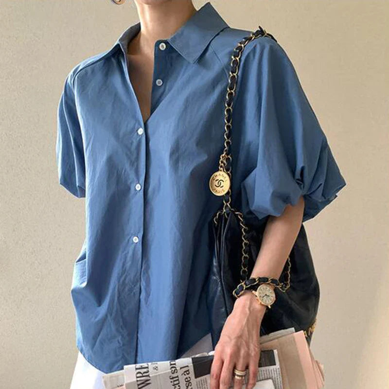 Blue Puff Sleeve Casual Loose Summer Shirt