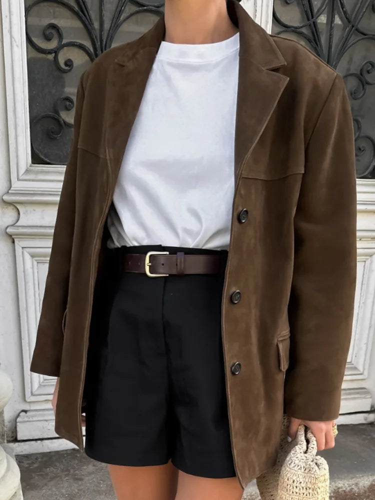 Brown Double Pocket Blazer Short Coat