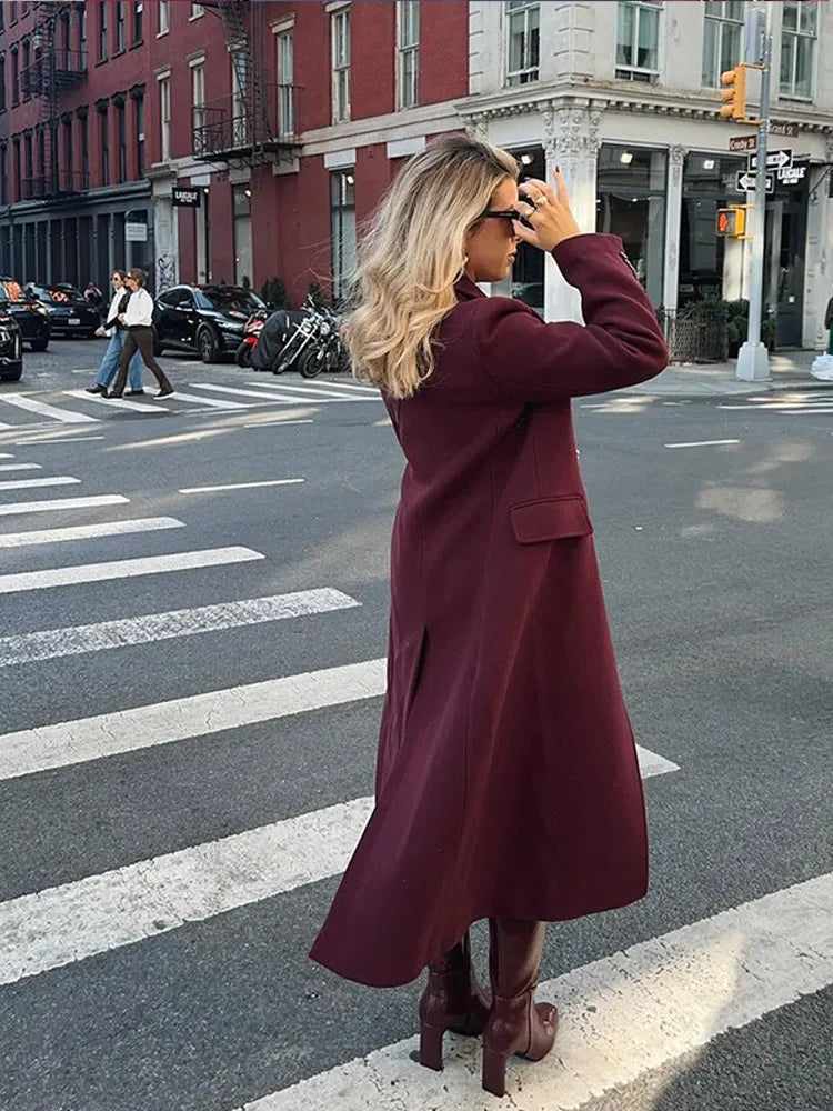 Burgundy Lapel Wool Blends Long Coat